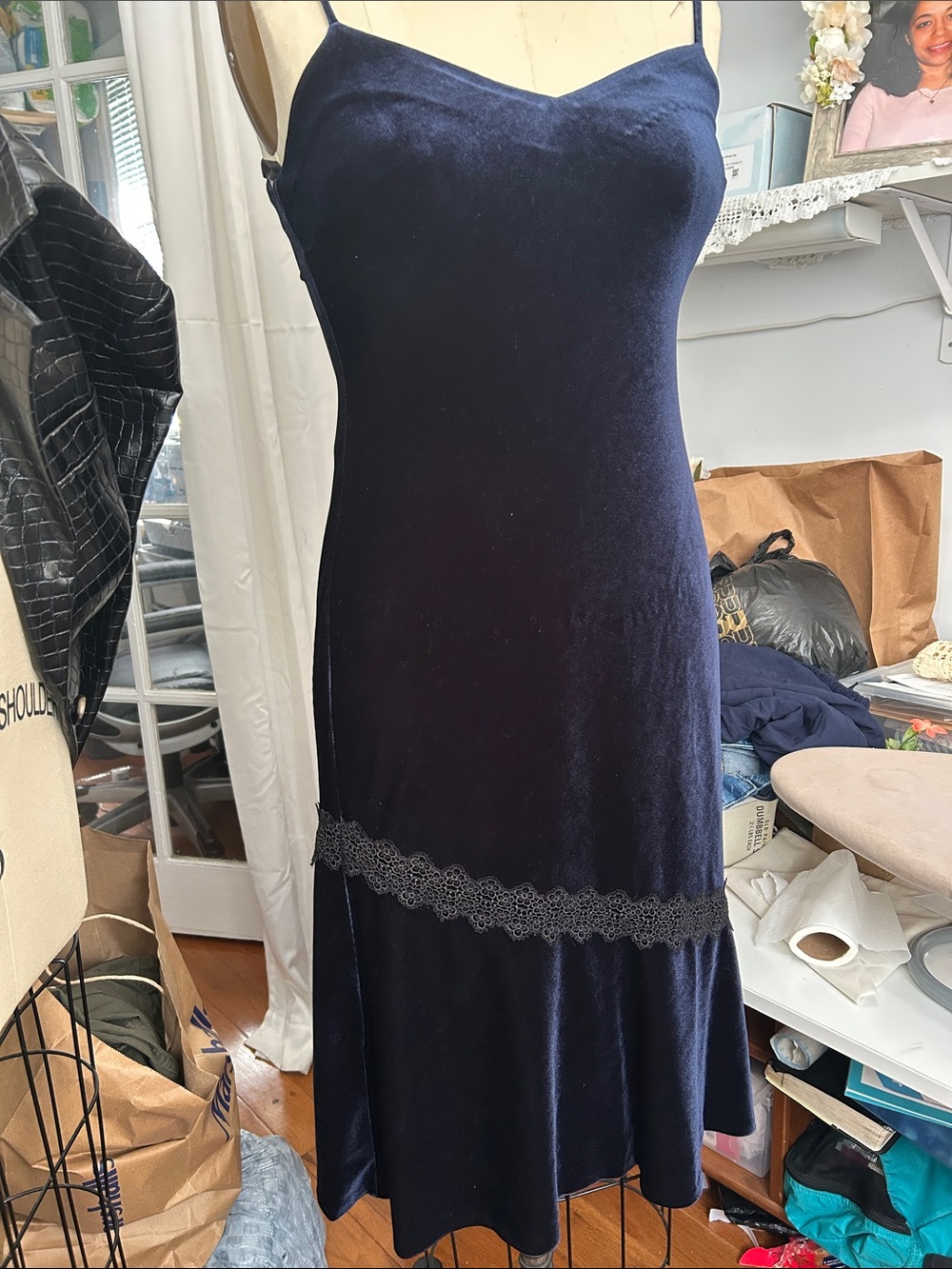 Karl Lagerfeld Navy Velvet Slip Dress with Lace Detail